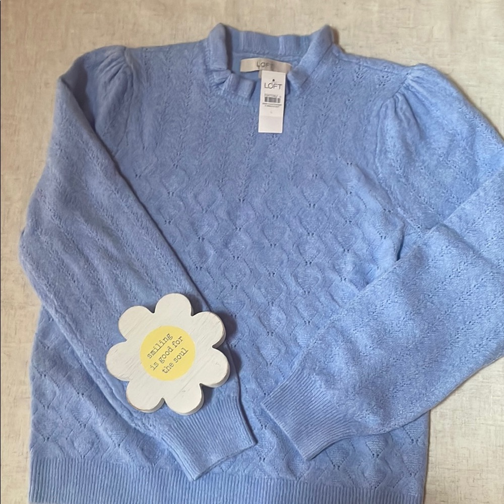 LOFT Blue Crew Neck Sweater with Decorative Sleeve